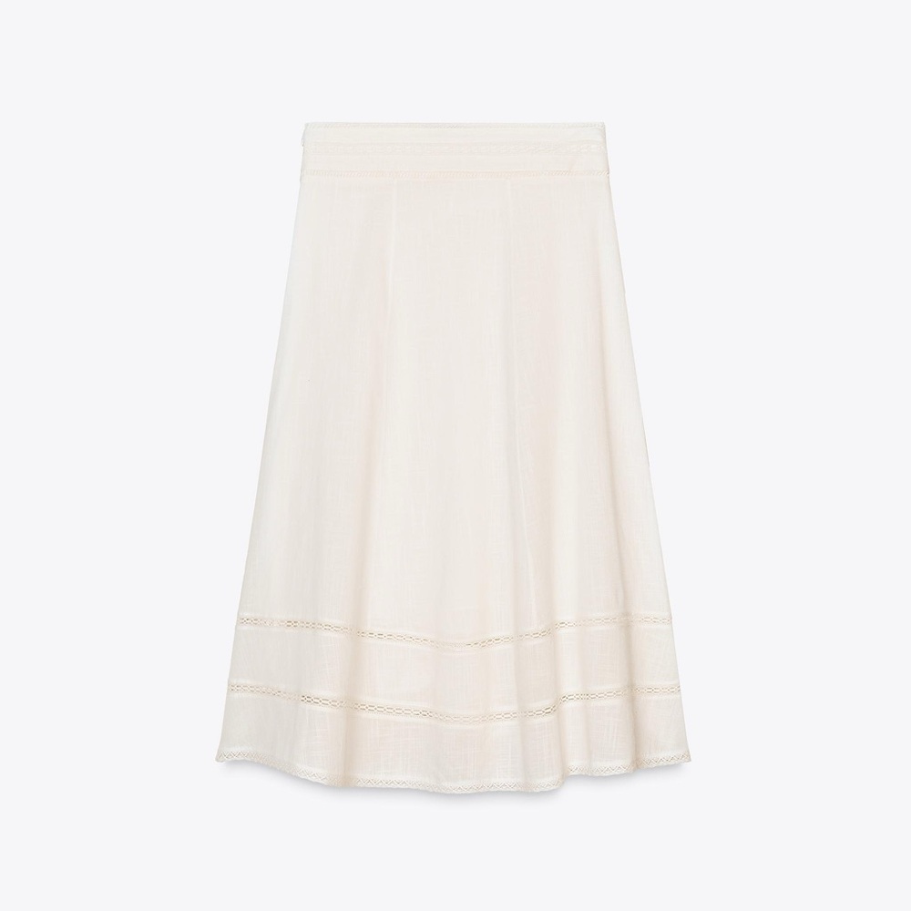 Zara ZW Collection Embroidered Midi Skirt - Ecru / Size Small